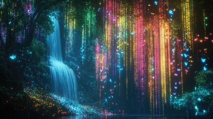 Fototapeta premium Abstract neon dots creating a landscape of trees, waterfall, and butterflies, paradise-like background, luminous and ethereal
