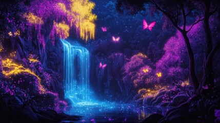 Fototapeta premium Abstract neon dots creating a landscape of trees, waterfall, and butterflies, paradise-like background, luminous and ethereal