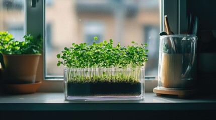 microgreens in a transparent container on a windowsill against the background of a window in the rays of the sun in a loft style kitchen. Healthy eating concept