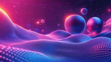 Abstract neon geometric shapes flowing over a neon dots landscape, set against a paradise background, vibrant and futuristic