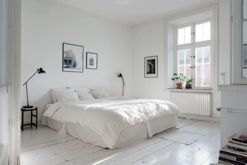 Cozy white bedroom with minimalist decor and a comfortable bed