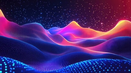 Obraz premium Abstract neon geometric shapes flowing over a neon dots landscape, set against a paradise background, vibrant and futuristic