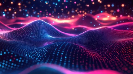 Obraz premium Abstract neon shapes cascading through neon dots landscape, luminous paradise background, futuristic and vibrant