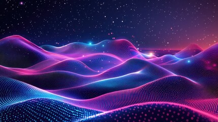 Fototapeta premium Abstract neon shapes cascading through neon dots landscape, luminous paradise background, futuristic and vibrant