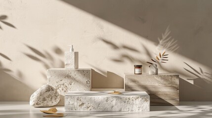 Minimalist product display with stone, leaf shadows, and natural lighting