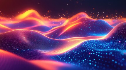 Obraz premium Abstract neon shapes flowing through neon dots landscape, paradise background, modern and vibrant composition