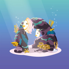 Underwater background. Ocean floor with stones and corrals, algae, and fish. Vector illustration
