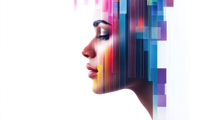 Abstract pill-shaped bar graph aligned with a woman's face, plain white background, modern data visualization concept