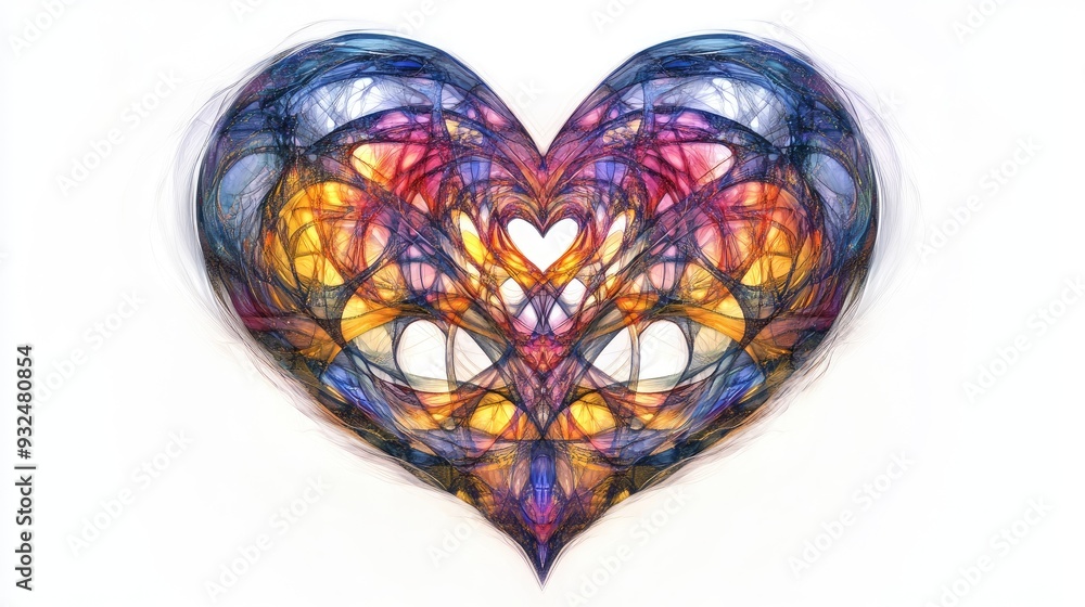 Poster complicated abstract heart design with intertwining shapes, set against a pure white background, int