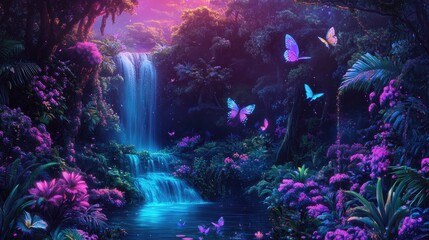 Naklejka premium Colorful neon dots creating a lush landscape with trees, flowers, and a waterfall, butterflies flying in paradise
