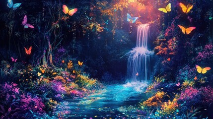 Colorful neon dots creating a lush landscape with trees, flowers, and a waterfall, butterflies flying in paradise