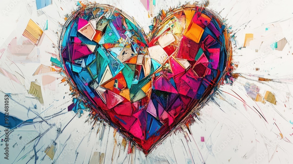 Poster complicated abstract heart design with intertwining shapes, set against a pure white background, int