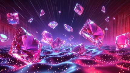 Different diamond types falling over neon dots landscape, paradise background, sparkling and abstract visual