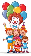 The clown smiles warmly while surrounded by happy children, all holding bright balloons, celebrating together joyfully