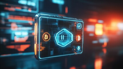 Obraz premium Futuristic digital interface showcasing cryptocurrency elements in a vibrant, neon color scheme, perfect for technology themes.