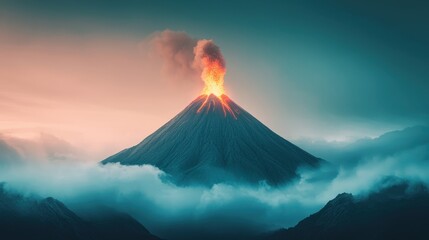 A stunning volcanic eruption captured at dusk, showcasing glowing lava against a backdrop of dramatic clouds and mountains.