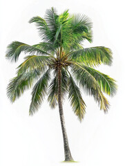 Single Palm Tree Isolated on White Background – Elegant Tropical Palm with Lush Green Fronds, Perfect for Beach Themes and Nature Designs