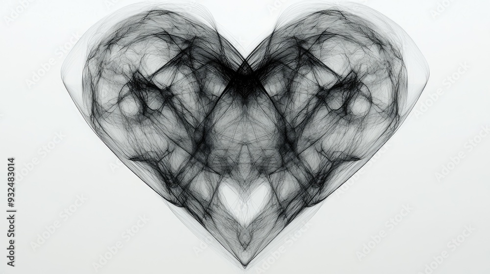 Poster intricate abstract heart formed by swirling lines and patterns, set on a white background, mesmerizi