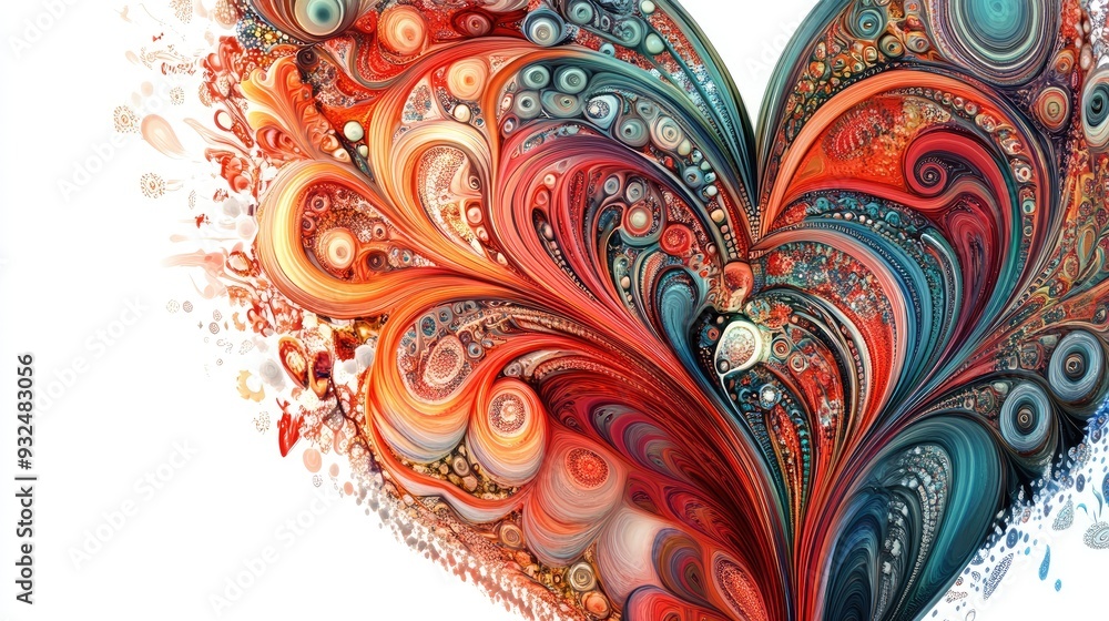 Poster intricate, abstract heart with mesmerizing patterns, white background, visually complex and detailed
