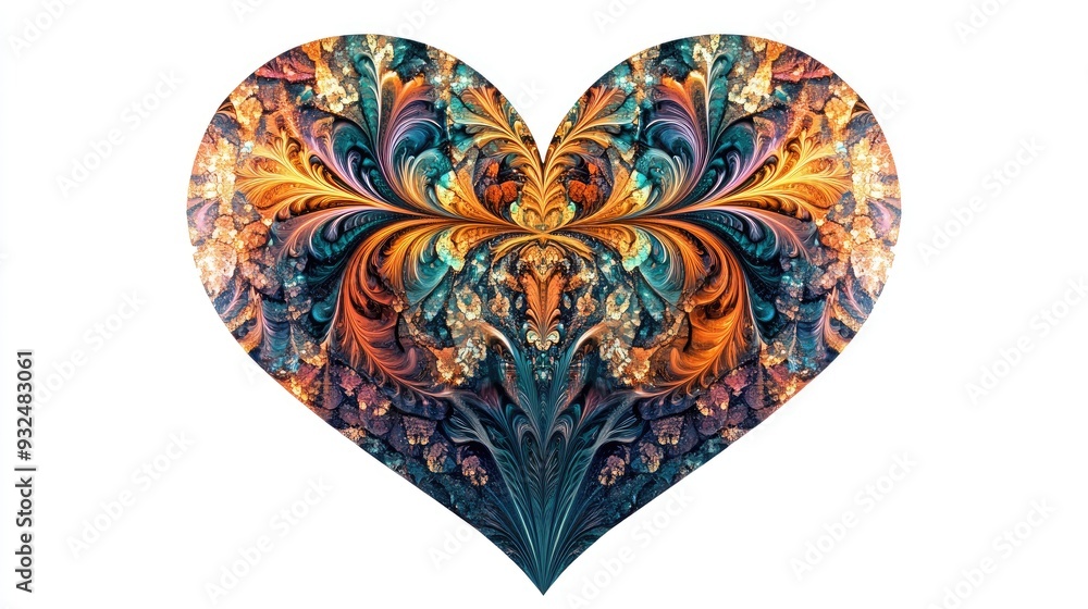 Poster intricate, abstract heart with mesmerizing patterns, white background, visually complex and detailed