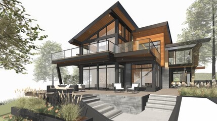 A bird's eye view of a contemporary style cottage. Features a wooden structure. large window and a steeply pitched roof