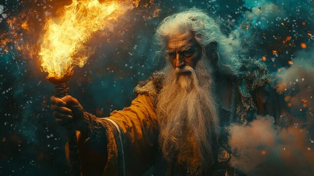 A wizard holding fiery torch with billowing dark smoke Seamless looping 4k time-lapse virtual video animation background