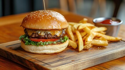 Cheeseburger with French Fries and Ketchup on Wooden Cutting Board