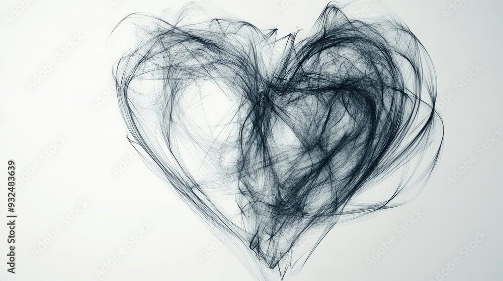 Poster mesmerizing abstract heart composed of tangled lines and patterns, set against a white background, d