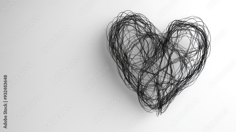 Poster mesmerizing abstract heart composed of tangled lines and patterns, set against a white background, d