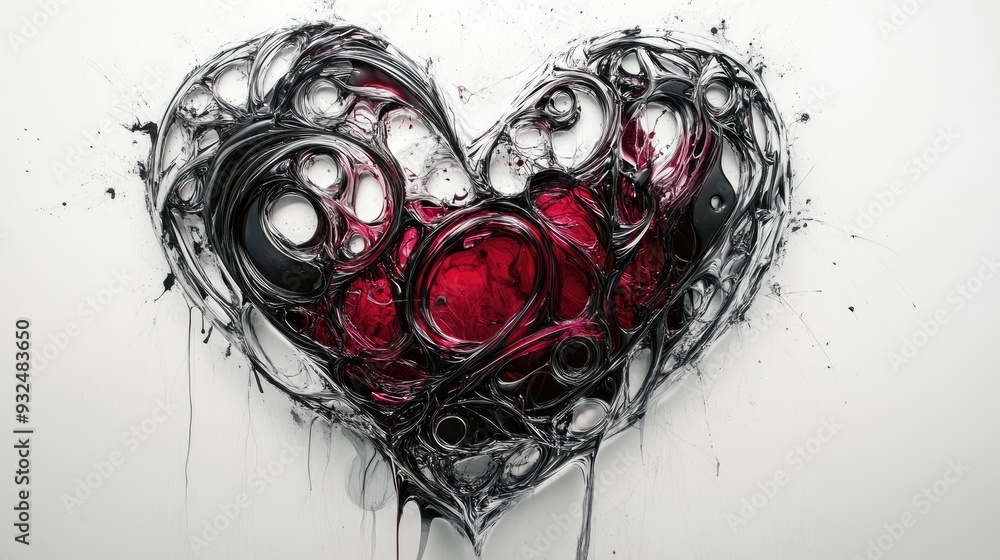 Poster mesmerizing abstract heart composed of tangled lines and patterns, set against a white background, d