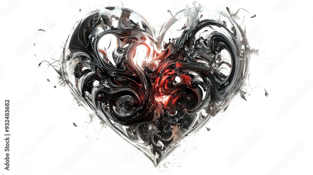 Poster mesmerizing abstract heart composed of tangled lines and patterns, set against a white background, d