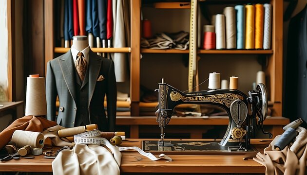 A  bespoke tailor’s workspace with fabric rolls, measuring tapes, and a vintage sewing machine. - Powered by Adobe