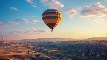Hot Air Balloon Soaring Over Cappadocia's Rock Formations at Sunset