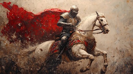 Fototapeta premium A Knight in Full Armor Riding a White Horse