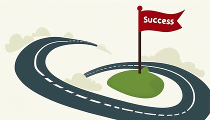 A winding road with milestones leading to a flag marked with a success symbol.