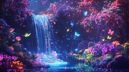 Neon colorful dots forming trees, a waterfall, flowers, and flying butterflies, creating a paradise landscape, vibrant and surreal
