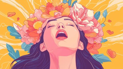 Vibrant portrait of a woman surrounded by colorful flowers, expressing joy and freedom in a bright yellow backdrop.