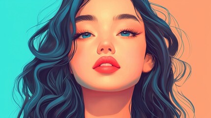 Fototapeta premium Vibrant portrait of a young woman with flowing hair and captivating eyes, showcasing beauty in a modern artistic style.