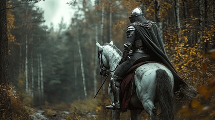 Fototapeta premium A lone knight on horseback rides through a misty forest