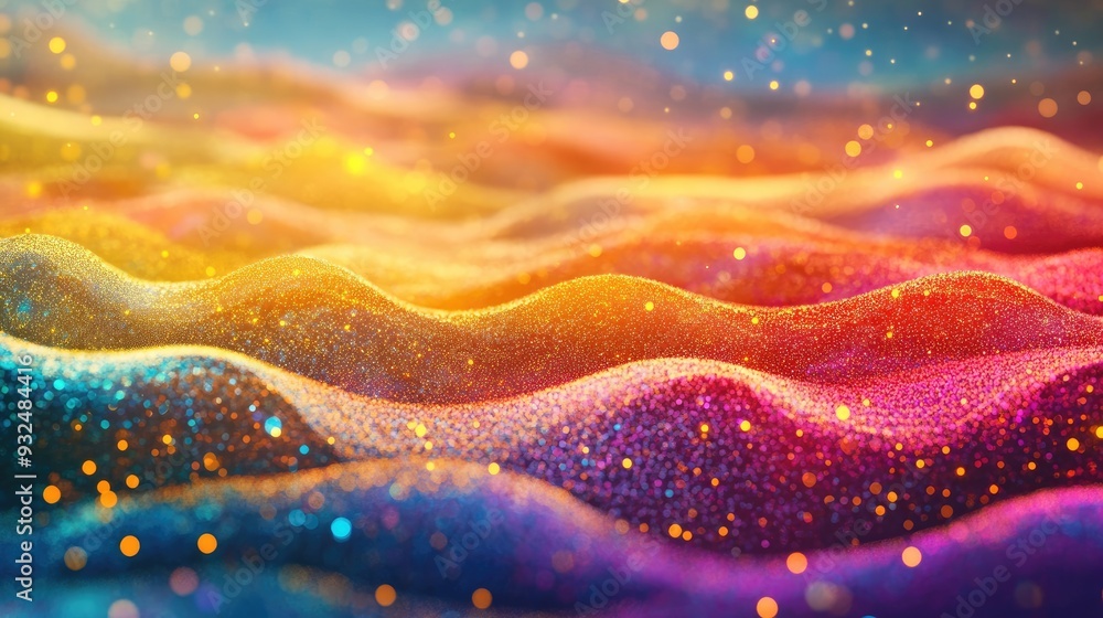 Poster neon dots flowing in waves, creating an abstract landscape with a paradise-like background, luminous