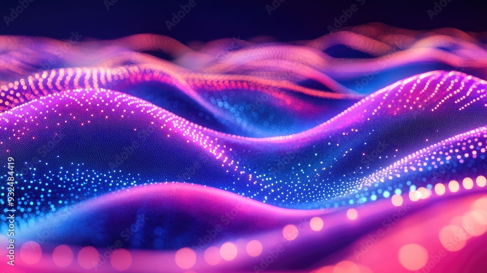Poster neon dots flowing in waves, creating an abstract landscape with a paradise-like background, luminous