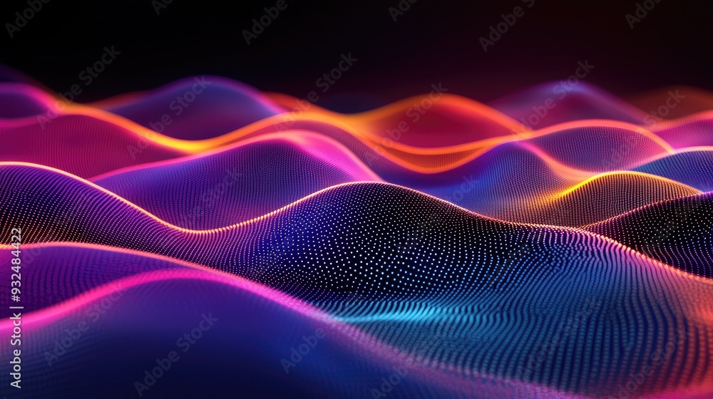 Poster neon dots flowing in waves, creating an abstract landscape with a paradise-like background, luminous