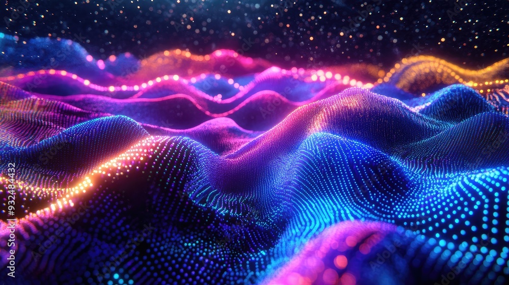 Aufkleber neon dots flowing in waves, creating an abstract landscape with a paradise-like background, luminous