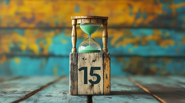 An hourglass with green sand sits on a wooden block with the number 15 on it, against a colorful painted backdrop.