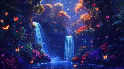 Obraz premium Neon dots forming trees, waterfall, and flying butterflies, creating a colorful paradise landscape, vibrant and ethereal