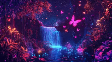 Neon dots forming an abstract landscape with trees, waterfall, flowers, and butterflies, bright paradise background