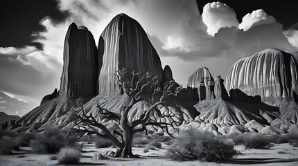 A black and white photograph showcasing a solitary tree amidst a vast desert landscape, dominated...