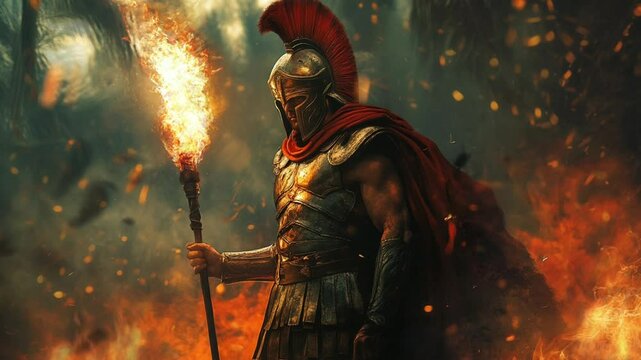 spartan warrior holding fiery torch with billowing black smoke Seamless looping 4k time-lapse virtual video animation background