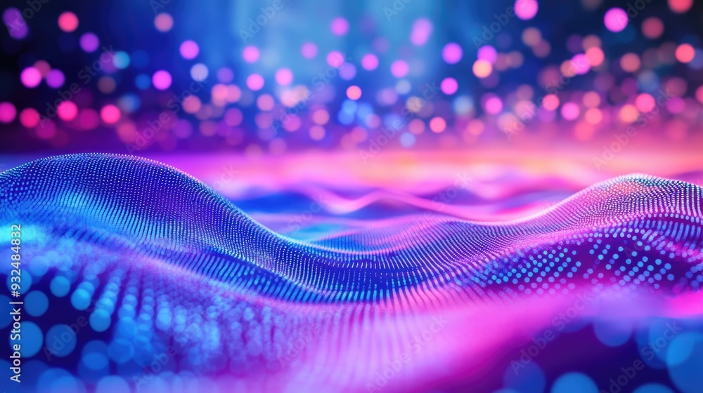 Poster neon dots in motion, creating an abstract landscape with a paradise-like background, luminous and se