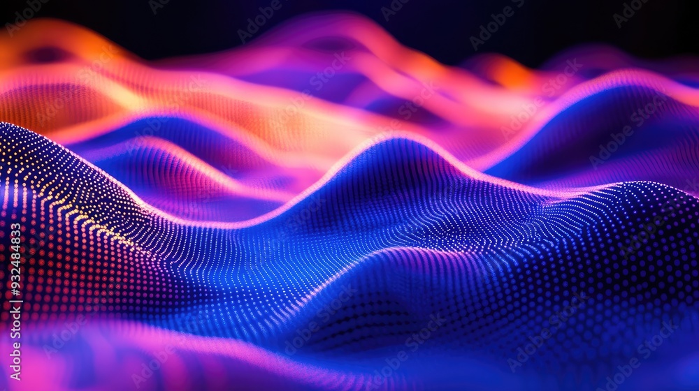Poster neon dots in motion, creating an abstract landscape with a paradise-like background, luminous and se